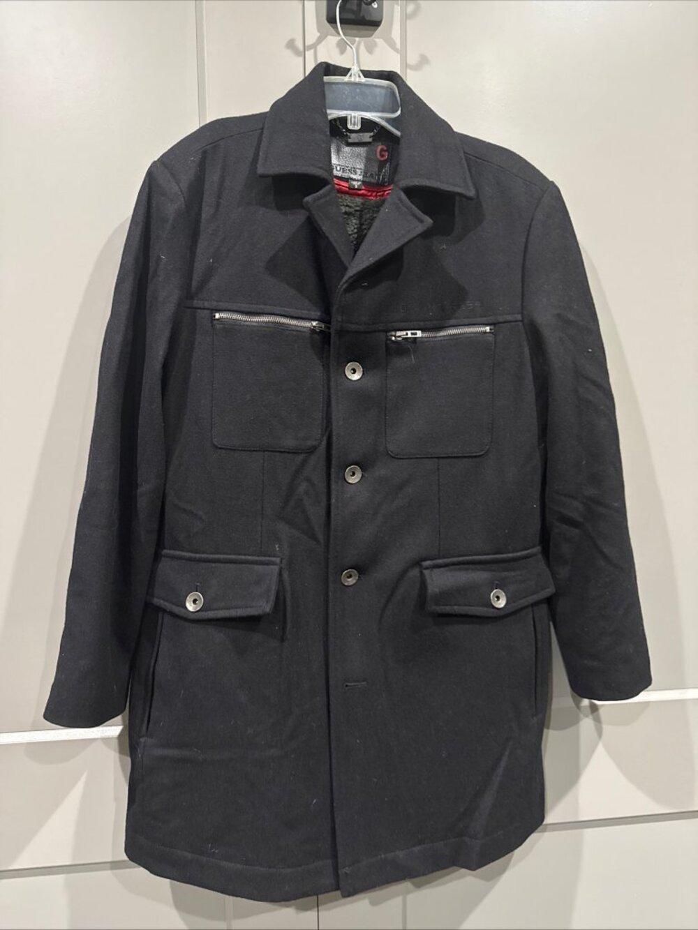 Men's Guess Jeans Small Wool Blend Coat with Zipper Pockets and Zip Out Lining